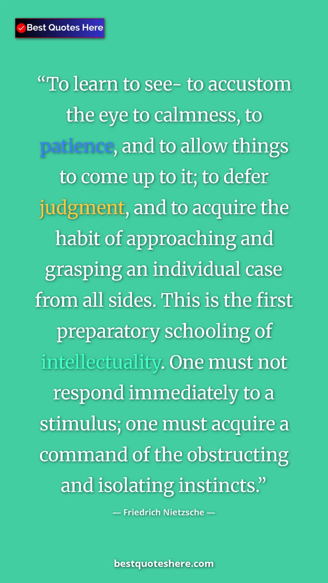 Friedrich Nietzsche Quote Card: "To learn to see- to accustom the eye to calmness, to..." Pinterest quote poster by Friedrich Nietzsche: "To learn to see- to accustom the eye to calmness, to..."