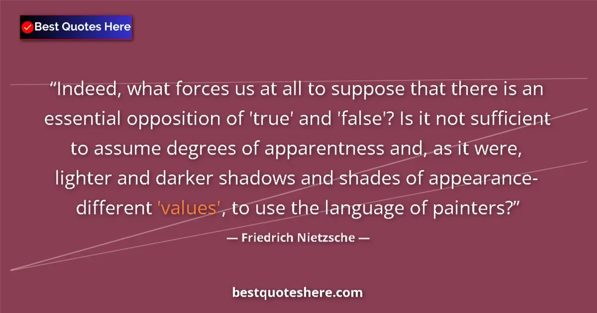 Quote by Friedrich Nietzsche: Indeed, what forces us at all to suppose that there is an essential opposition of 'true' and 'false'...