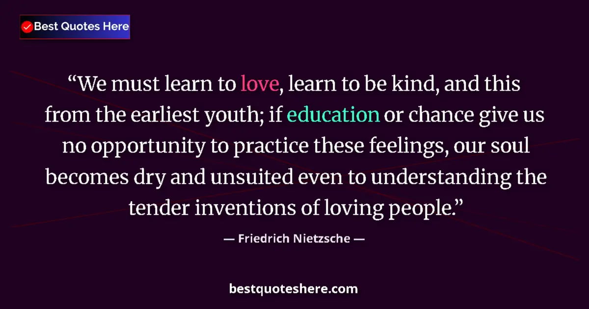 Quote by Friedrich Nietzsche: We must learn to love, learn to be kind, and this from the earliest youth; if education or chance gi...