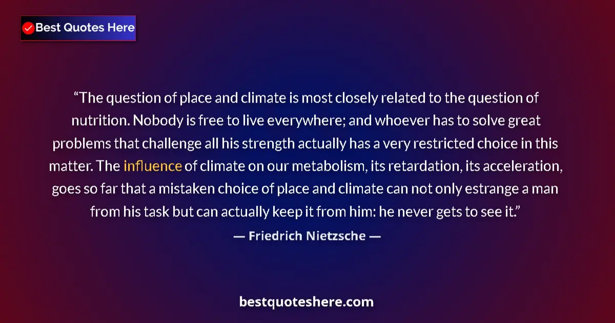 Quote by Friedrich Nietzsche: The question of place and climate is most closely related to the question of nutrition. Nobody is fr...