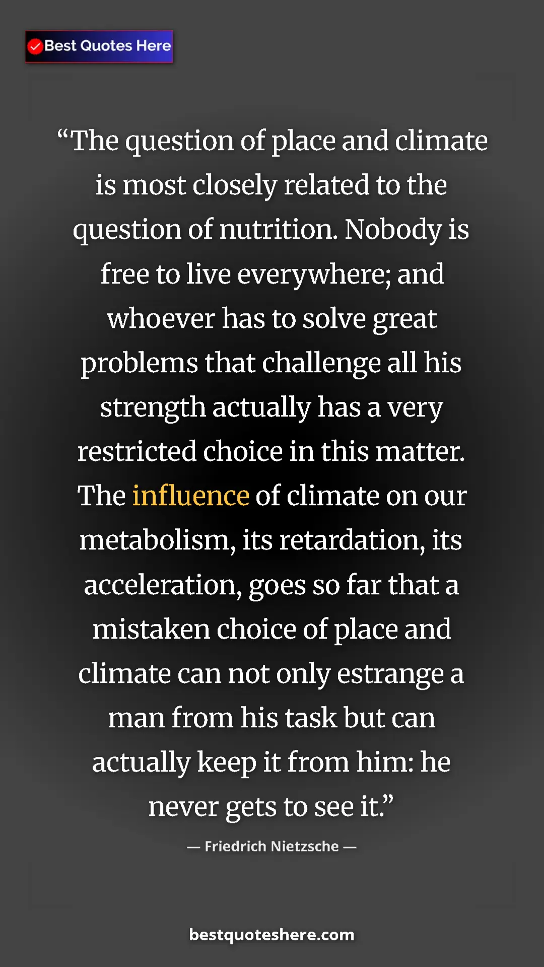 Pinterest quote poster by Friedrich Nietzsche: "The question of place and climate is most closely related..."