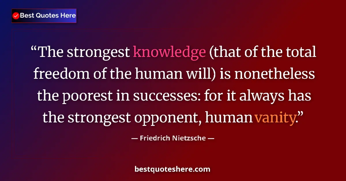 Quote by Friedrich Nietzsche: The strongest knowledge (that of the total freedom of the human will) is nonetheless the poorest in ...