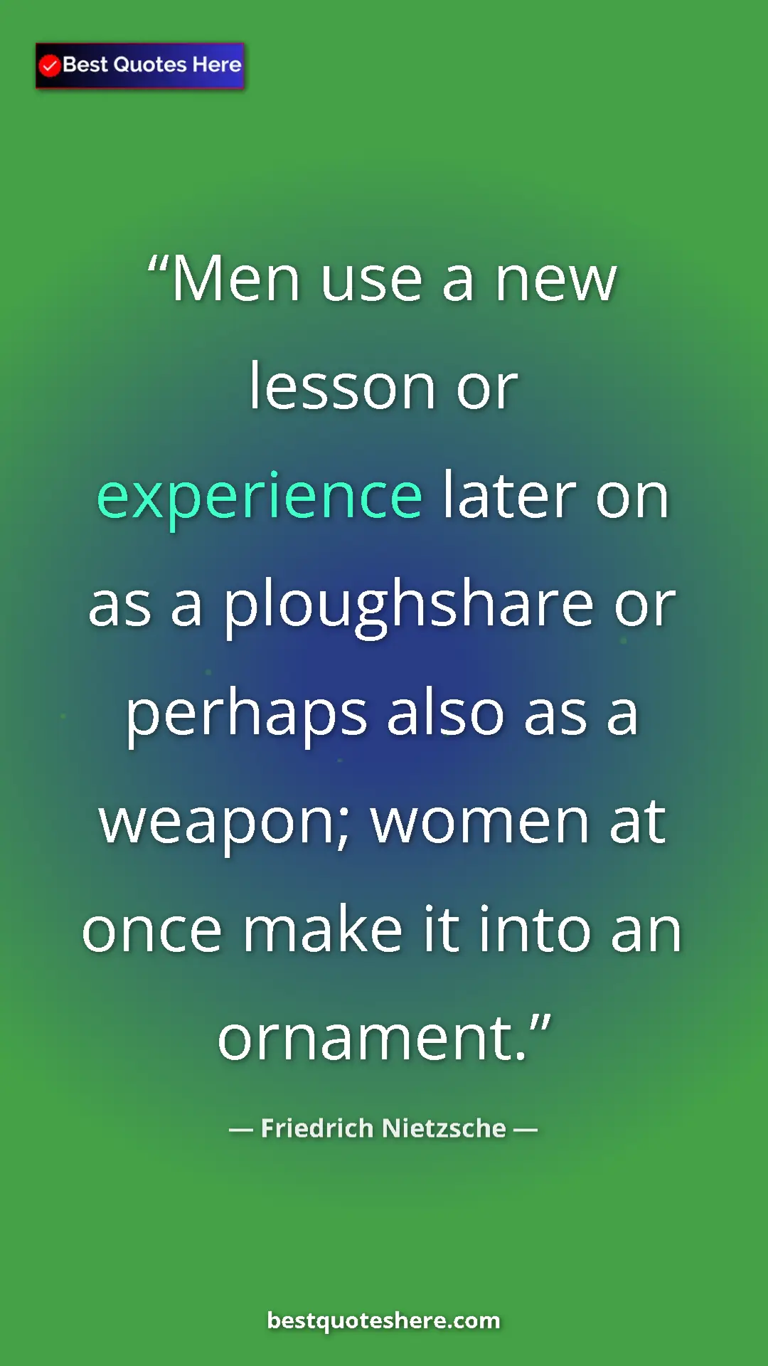 Pinterest quote poster by Friedrich Nietzsche: "Men use a new lesson or experience later on as a..."