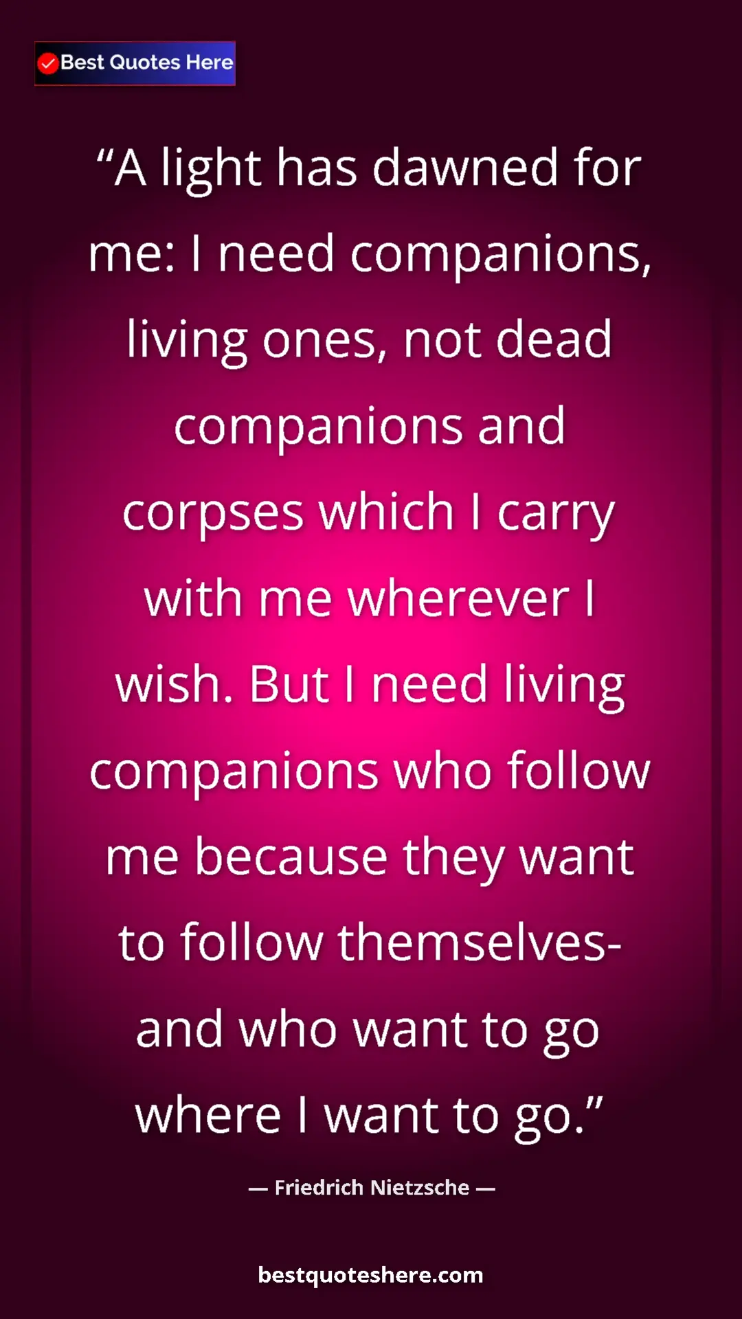 Friedrich Nietzsche Quote Card: "A light has dawned for me: I need companions, living ones,..." Pinterest quote poster by Friedrich Nietzsche: "A light has dawned for me: I need companions, living ones,..."