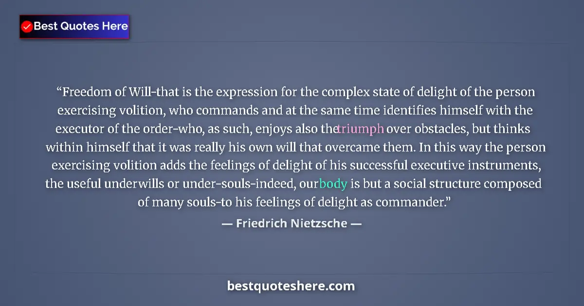 Quote by Friedrich Nietzsche: Freedom of Will-that is the expression for the complex state of delight of the person exercising vol...