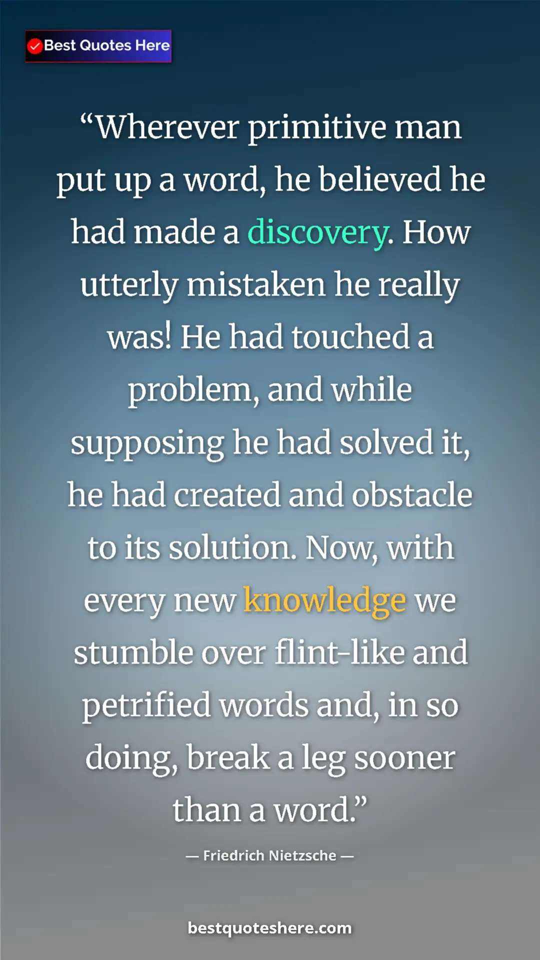 Friedrich Nietzsche Quote Card: "Wherever primitive man put up a word, he believed he had..." Pinterest quote poster by Friedrich Nietzsche: "Wherever primitive man put up a word, he believed he had..."