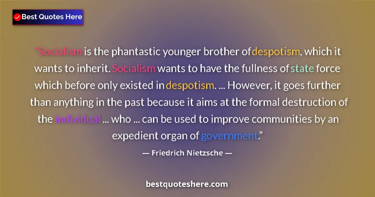 Quote by Friedrich Nietzsche: Socialism is the phantastic younger brother of despotism, which it wants to inherit. Socialism wants...