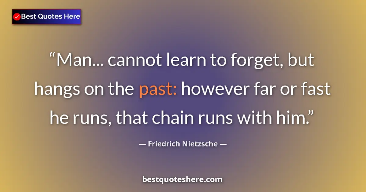 Quote by Friedrich Nietzsche: Man... cannot learn to forget, but hangs on the past: however far or fast he runs, that chain runs w...