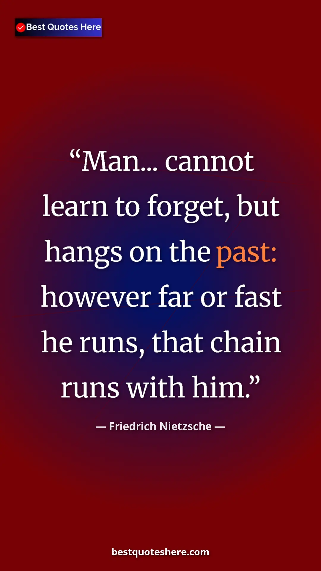Pinterest quote poster by Friedrich Nietzsche: "Man... cannot learn to forget, but hangs on the past:..."