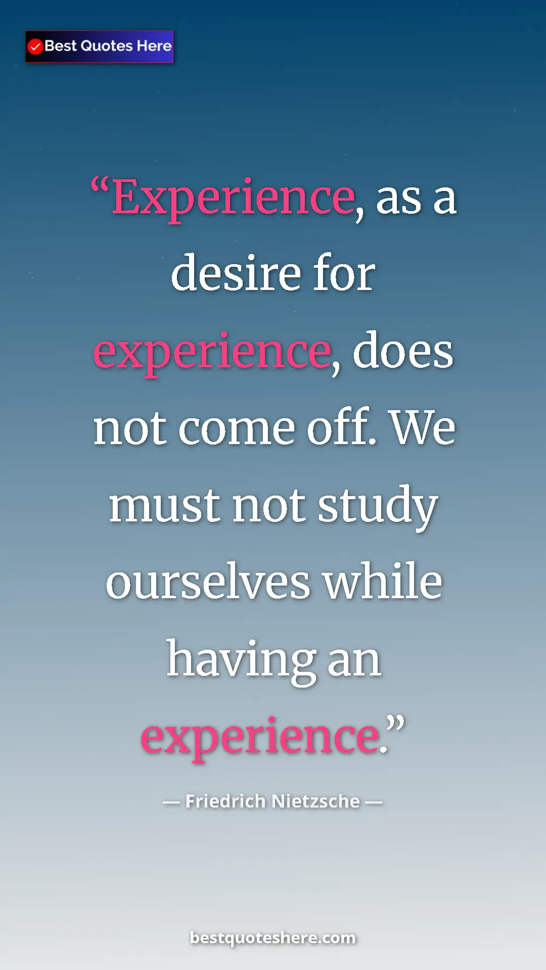 Pinterest quote poster by Friedrich Nietzsche: "Experience, as a desire for experience, does not come off...."