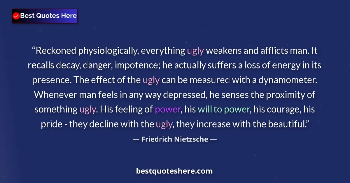 Quote by Friedrich Nietzsche: Reckoned physiologically, everything ugly weakens and afflicts man. It recalls decay, danger, impote...