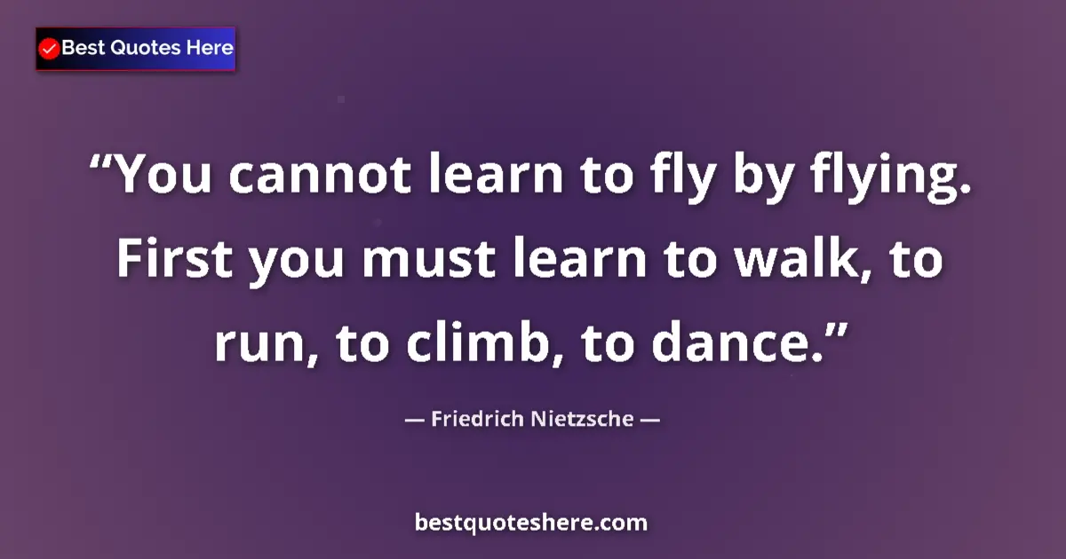 Quote by Friedrich Nietzsche: You cannot learn to fly by flying. First you must learn to walk, to run, to climb, to dance....