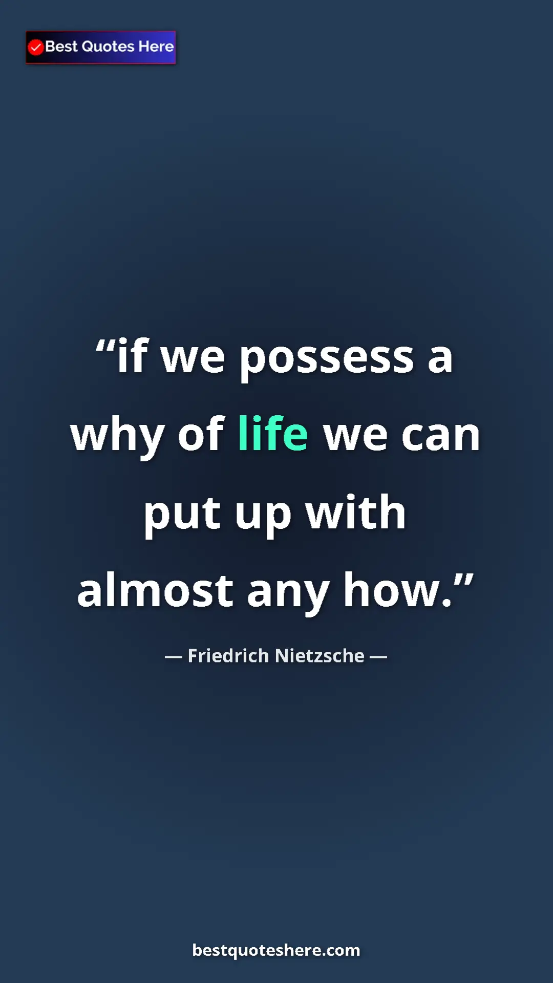 Pinterest quote poster by Friedrich Nietzsche: "if we possess a why of life we can put up with almost any..."