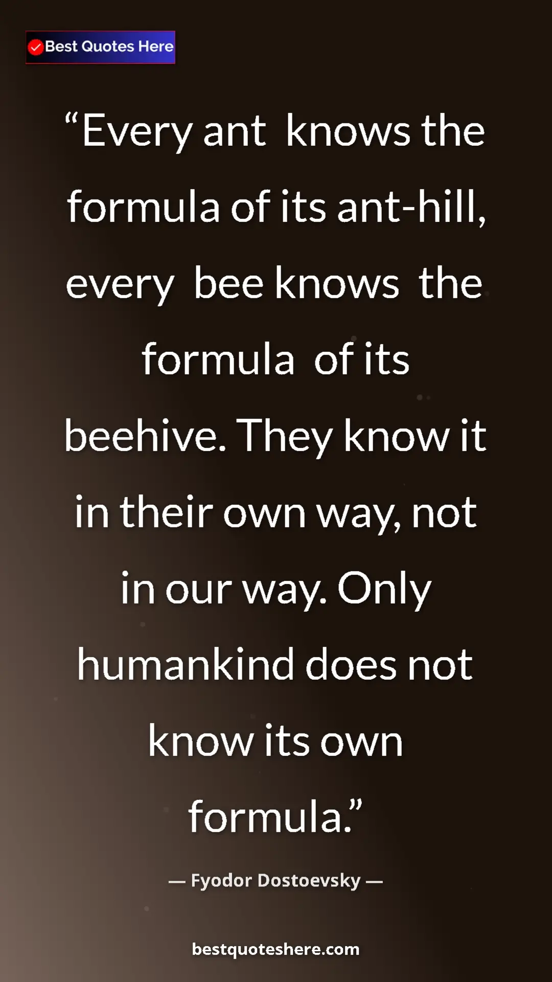 Fyodor Dostoevsky Quote Card: "Every ant knows the formula of its ant-hill, every bee..." Pinterest quote poster by Fyodor Dostoevsky: "Every ant knows the formula of its ant-hill, every bee..."