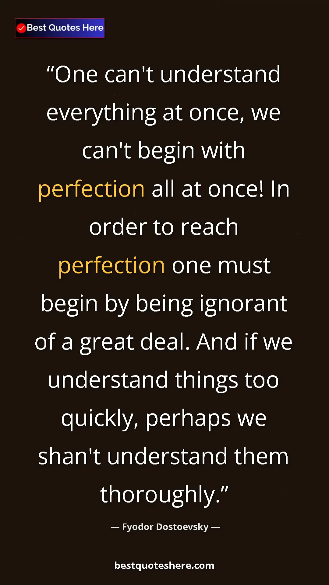 Fyodor Dostoevsky Quote Card: "One can't understand everything at once, we can't begin..." Pinterest quote poster by Fyodor Dostoevsky: "One can't understand everything at once, we can't begin..."