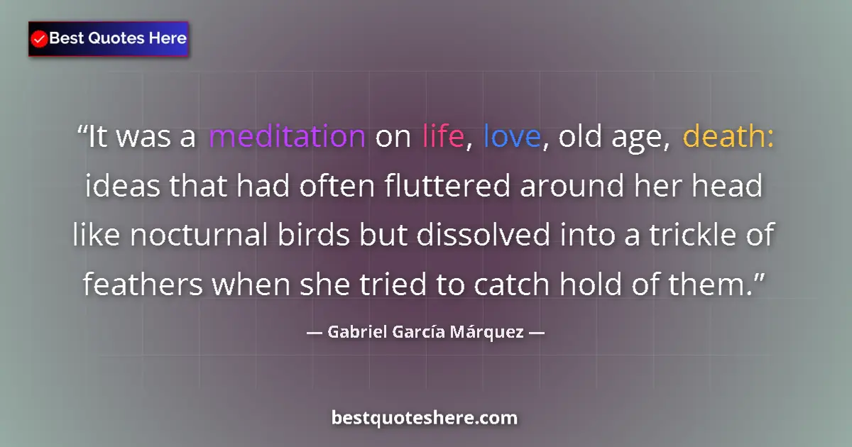 Image for the quote by Gabriel Garcia Marquez: It was a meditation on life, love, old age, death: ideas that had often fluttered around her head li...