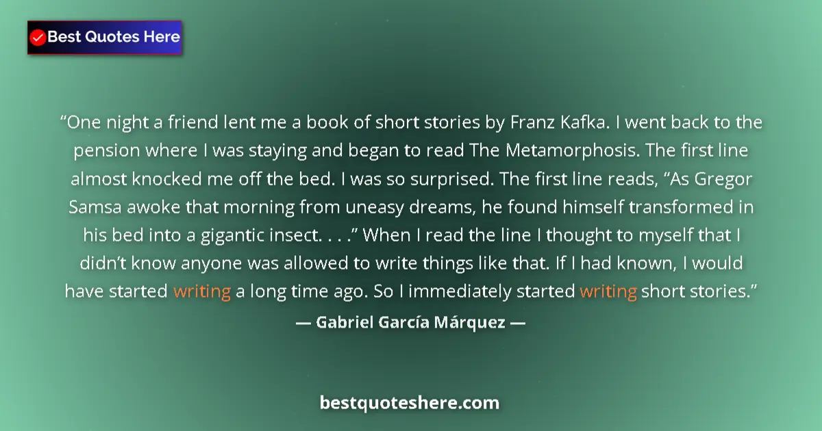 Quote by Gabriel García Márquez: One night a friend lent me a book of short stories by Franz Kafka. I went back to the pension where ...