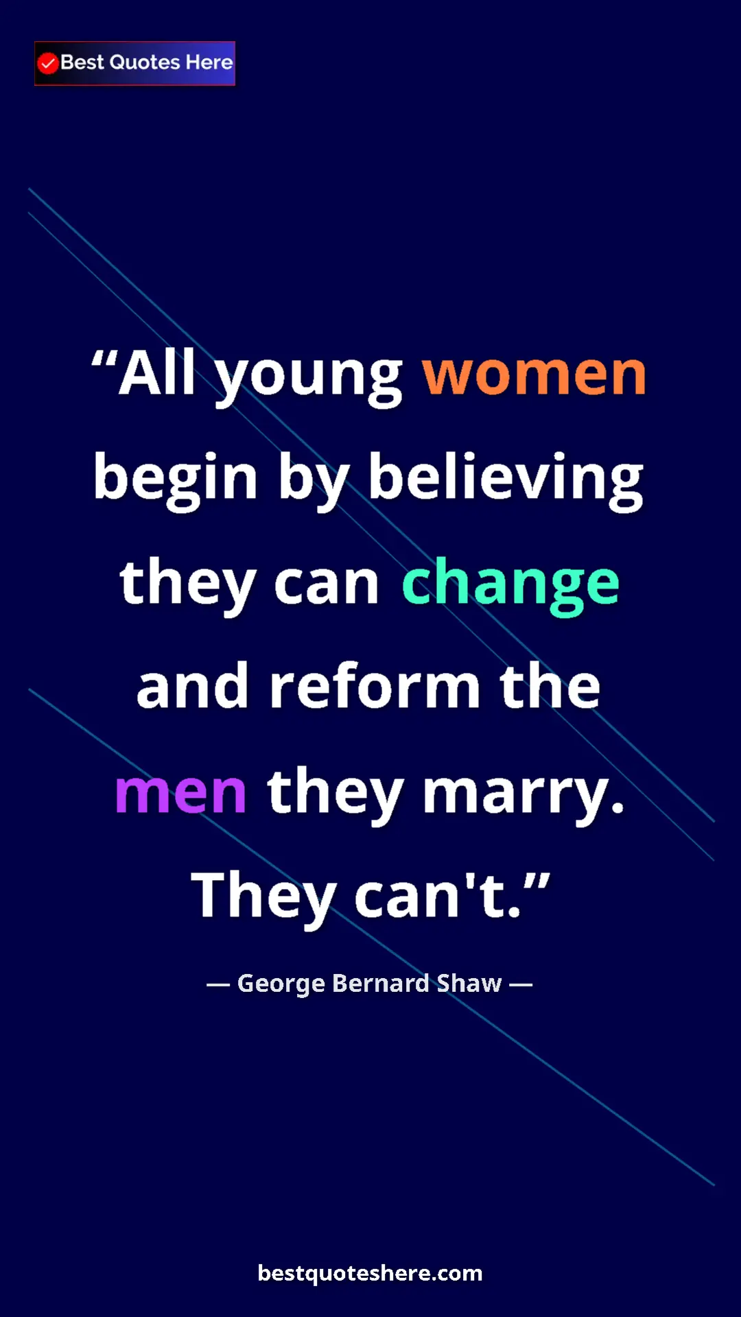 Pinterest quote poster by George Bernard Shaw: "All young women begin by believing they can change and..."