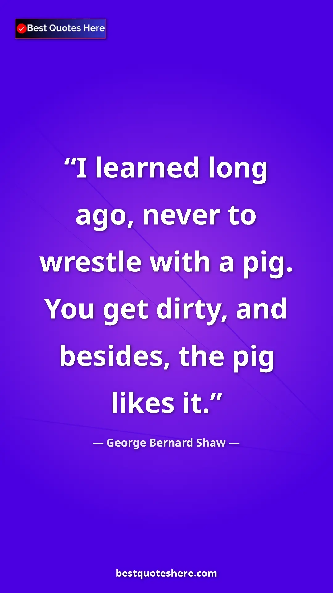 Pinterest quote poster by George Bernard Shaw: "I learned long ago, never to wrestle with a pig. You get..."