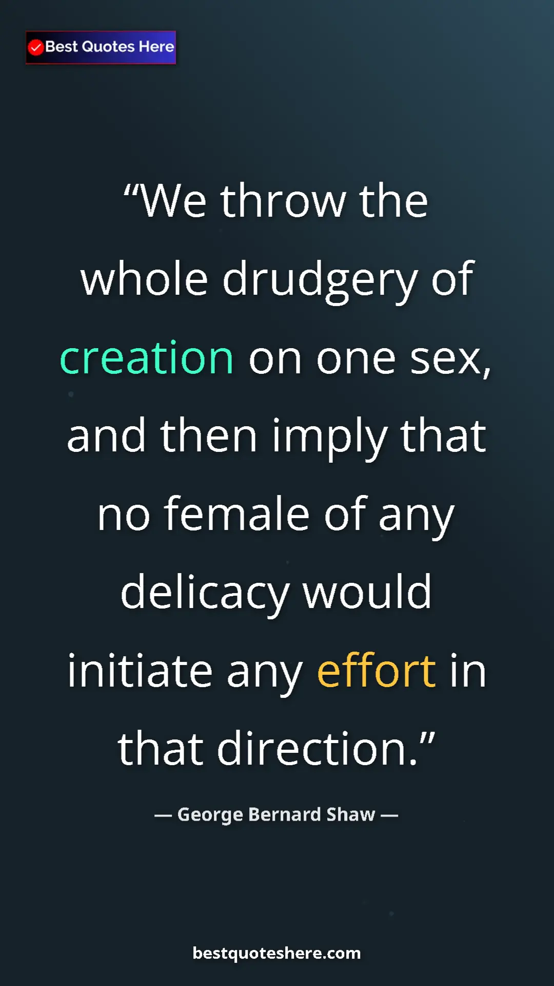Pinterest quote poster by George Bernard Shaw: "We throw the whole drudgery of creation on one sex, and..."