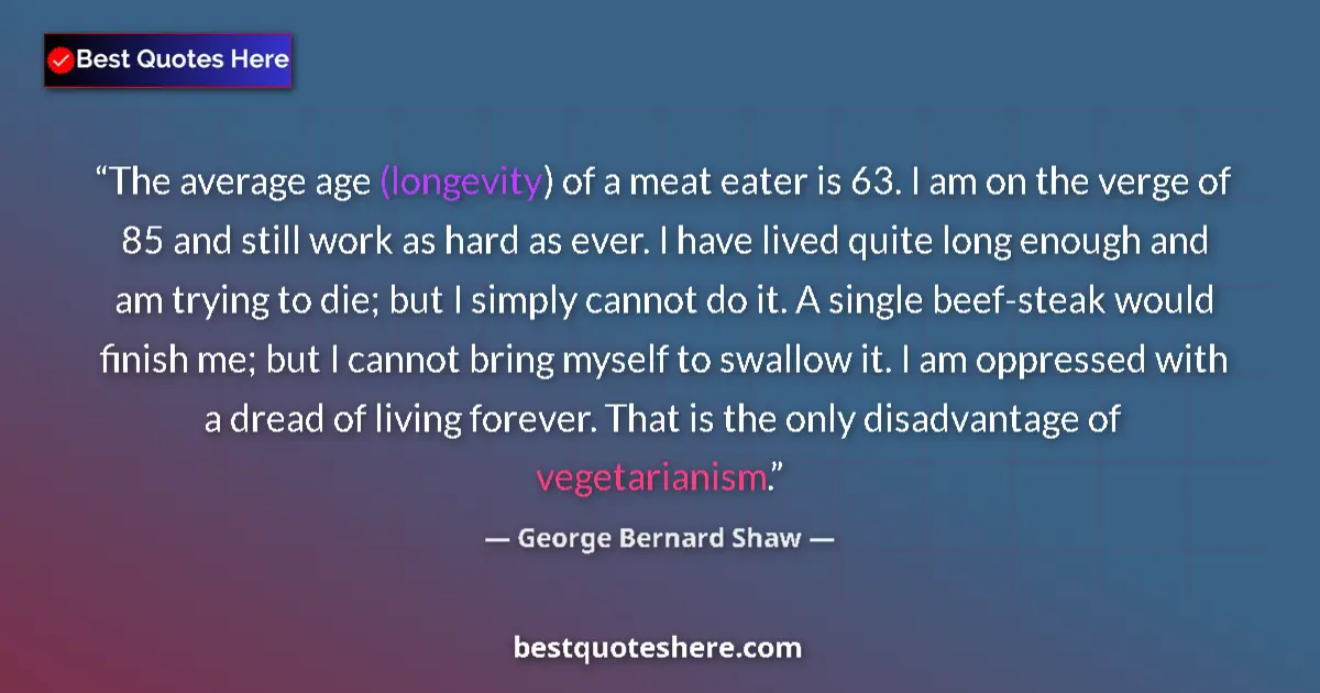 Quote by George Bernard Shaw: The average age (longevity) of a meat eater is 63. I am on the verge of 85 and still work as hard as...