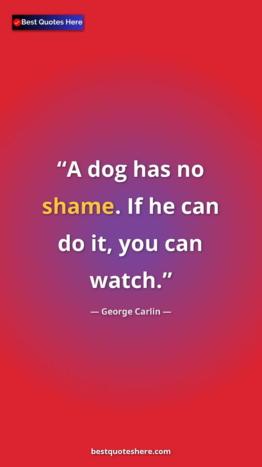 George Carlin Quote Card: "A dog has no shame. If he can do it, you can watch." Pinterest quote poster by George Carlin: "A dog has no shame. If he can do it, you can watch."