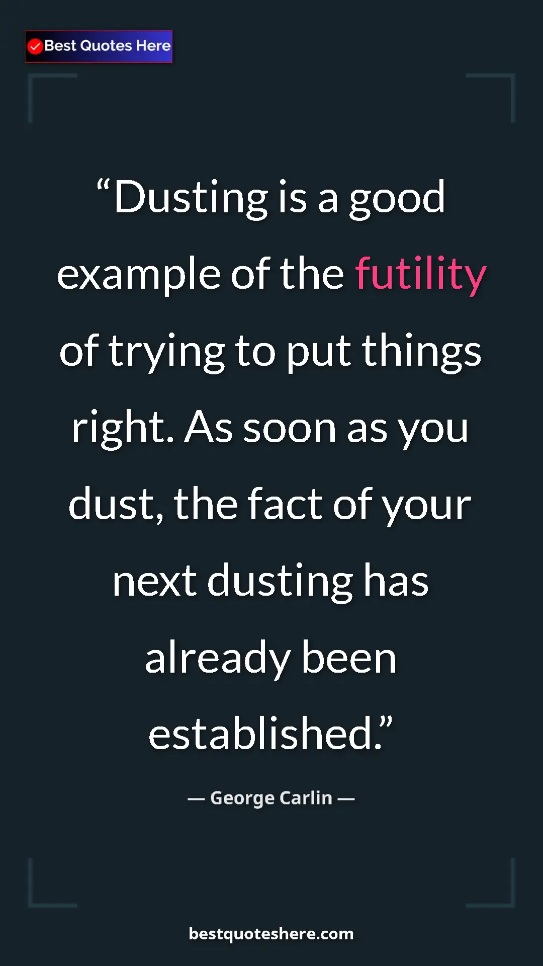 Pinterest quote poster by George Carlin: "Dusting is a good example of the futility of trying to put..."