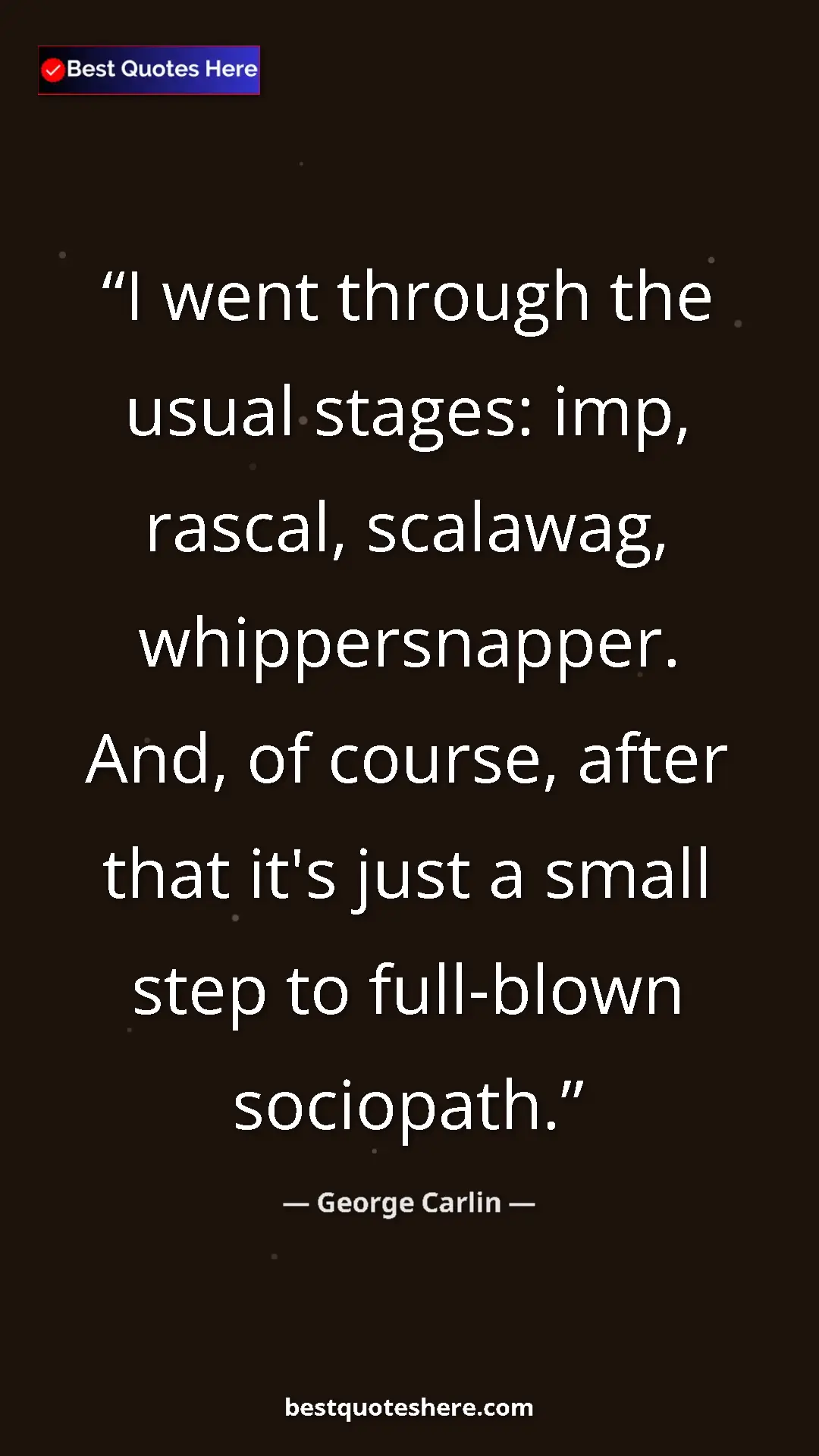 Pinterest quote poster by George Carlin: "I went through the usual stages: imp, rascal, scalawag,..."