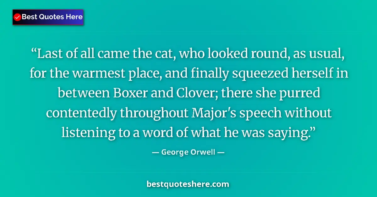 Quote by George Orwell: Last of all came the cat, who looked round, as usual, for the warmest place, and finally squeezed he...