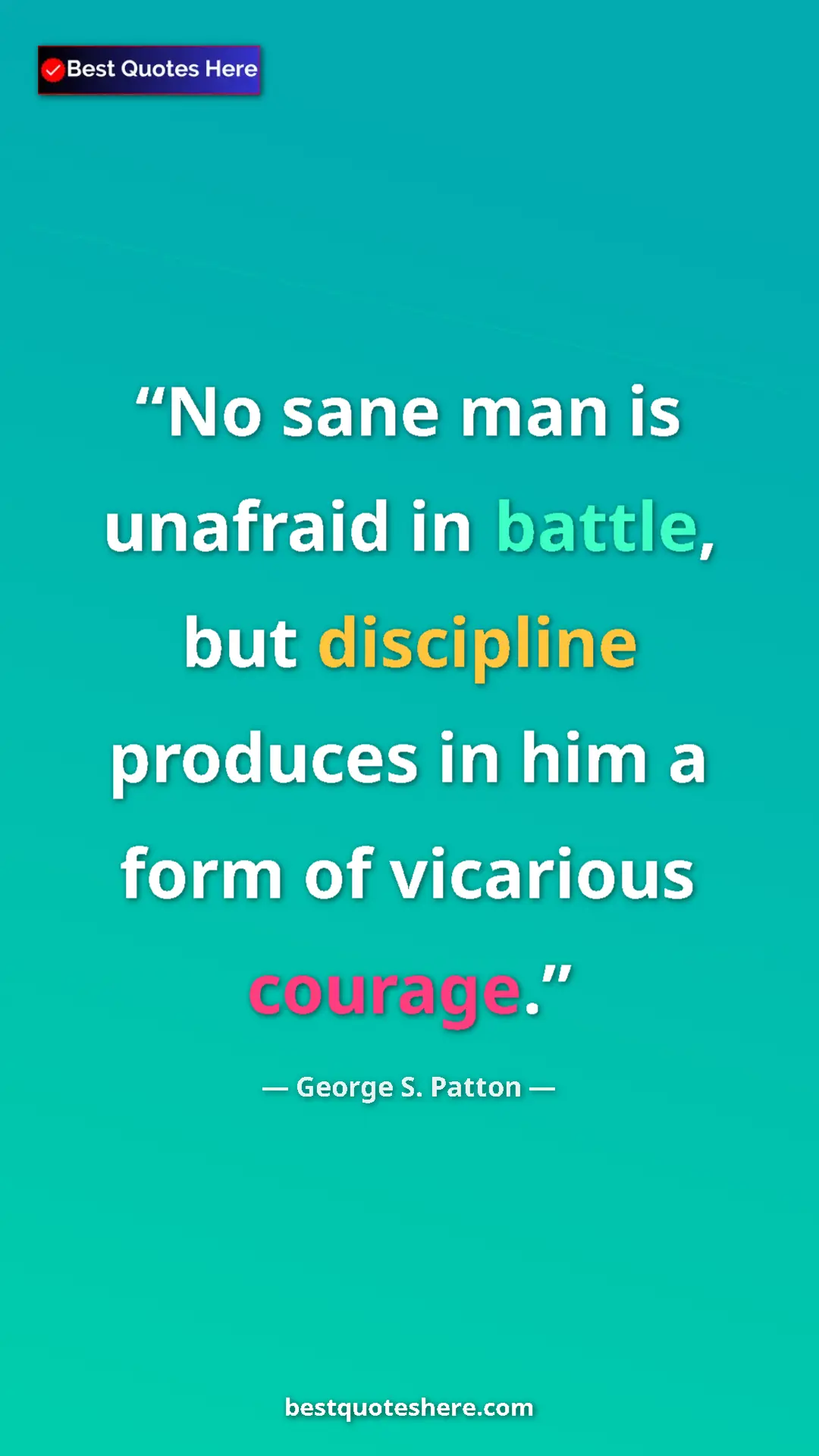 Pinterest quote poster by George S. Patton: "No sane man is unafraid in battle, but discipline produces..."