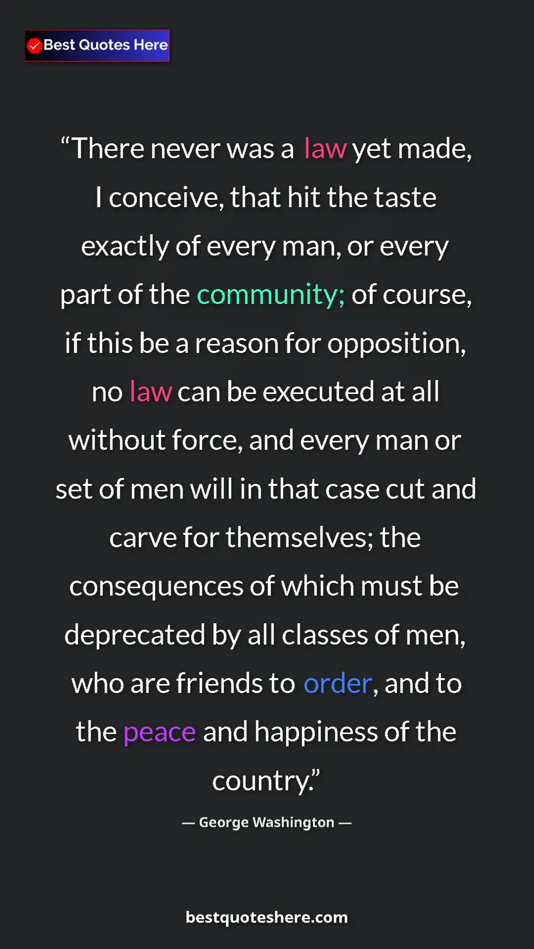 Pinterest quote poster by George Washington: "There never was a law yet made, I conceive, that hit the..."
