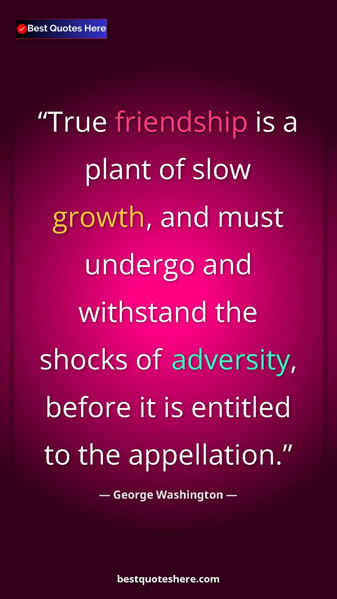 Pinterest quote poster by George Washington: "True friendship is a plant of slow growth, and must undergo..."