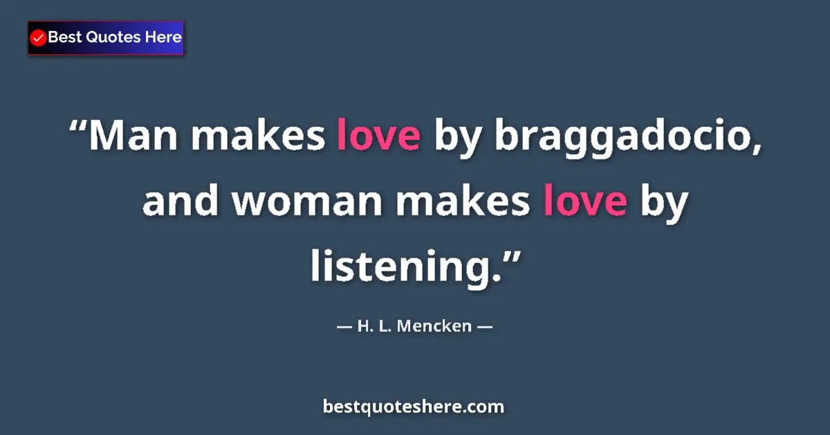 Quote by H. L. Mencken: Man makes love by braggadocio, and woman makes love by listening....