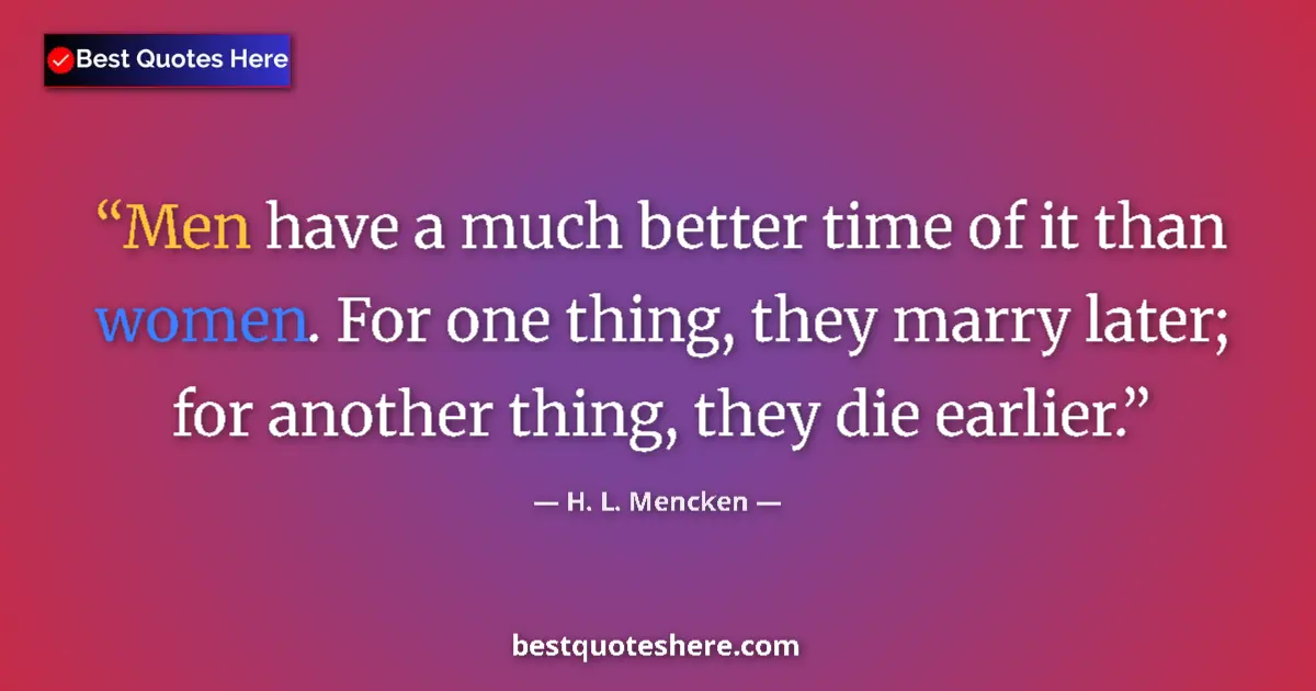 Image for the quote by H L Mencken: Men have a much better time of it than women. For one thing, they marry later; for another thing, th...