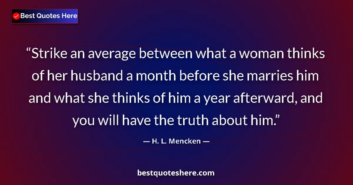 Quote by H. L. Mencken: Strike an average between what a woman thinks of her husband a month before she marries him and what...