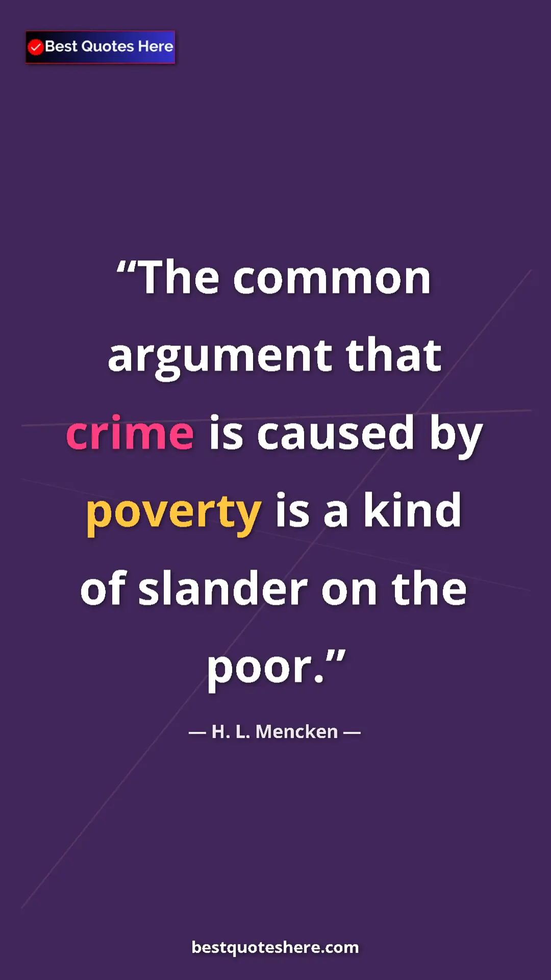 Pinterest quote poster by H. L. Mencken: "The common argument that crime is caused by poverty is a..."
