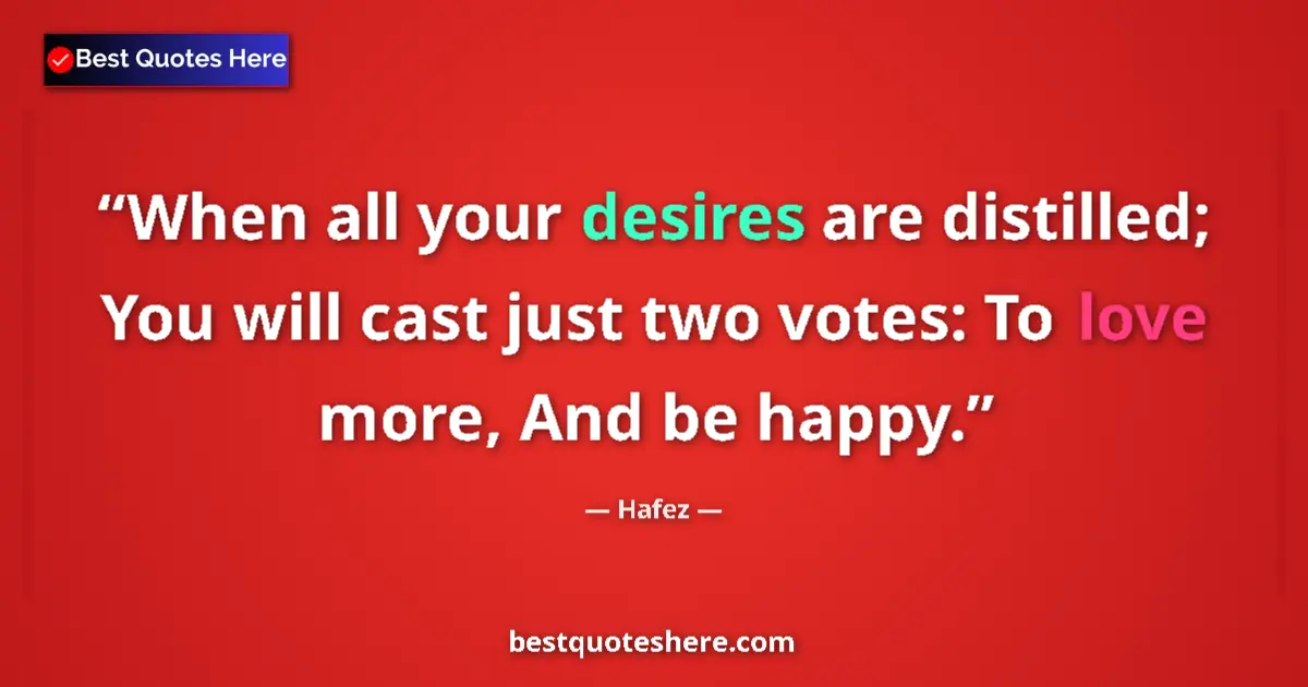 Quote by Hafez: When all your desires are distilled; You will cast just two votes: To love more, And be happy....