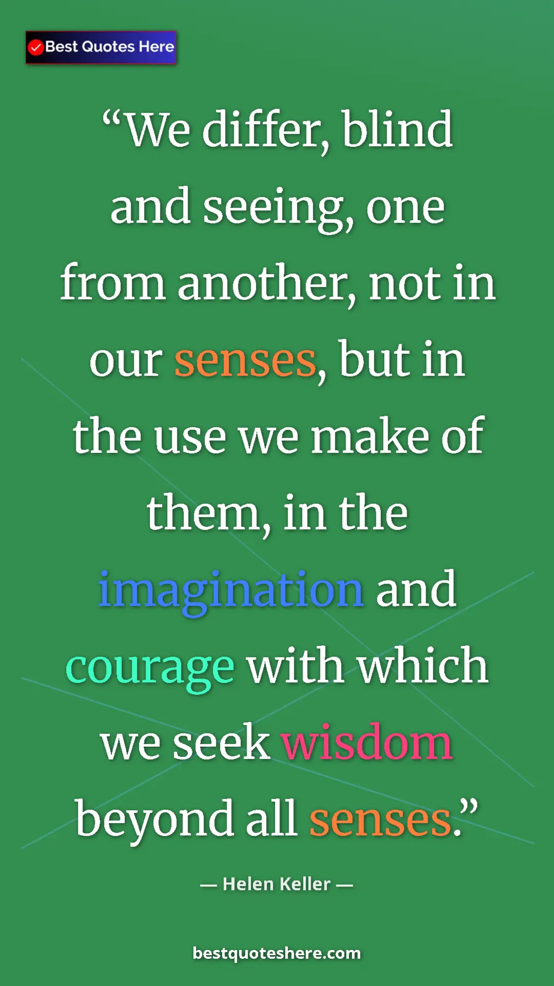 Pinterest quote poster by Helen Keller: "We differ, blind and seeing, one from another, not in our..."