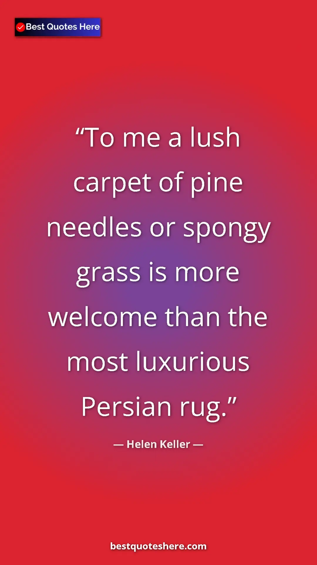 Helen Keller Quote Card: "To me a lush carpet of pine needles or spongy grass is more..." Pinterest quote poster by Helen Keller: "To me a lush carpet of pine needles or spongy grass is more..."