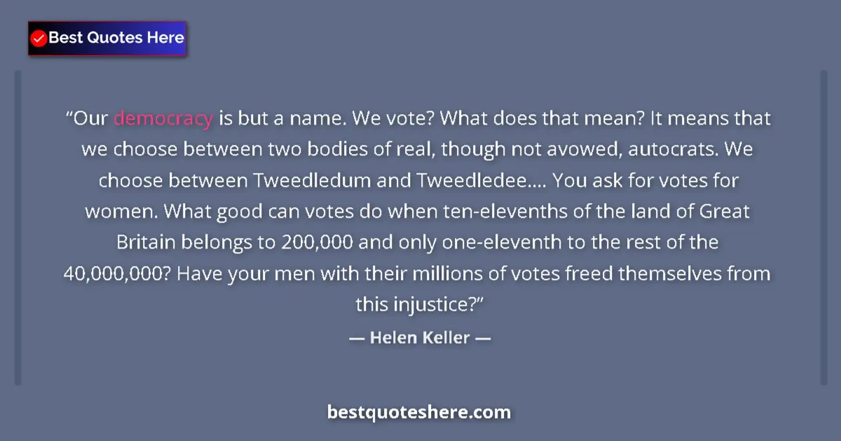 Quote by Helen Keller: Our democracy is but a name. We vote? What does that mean? It means that we choose between two bodie...