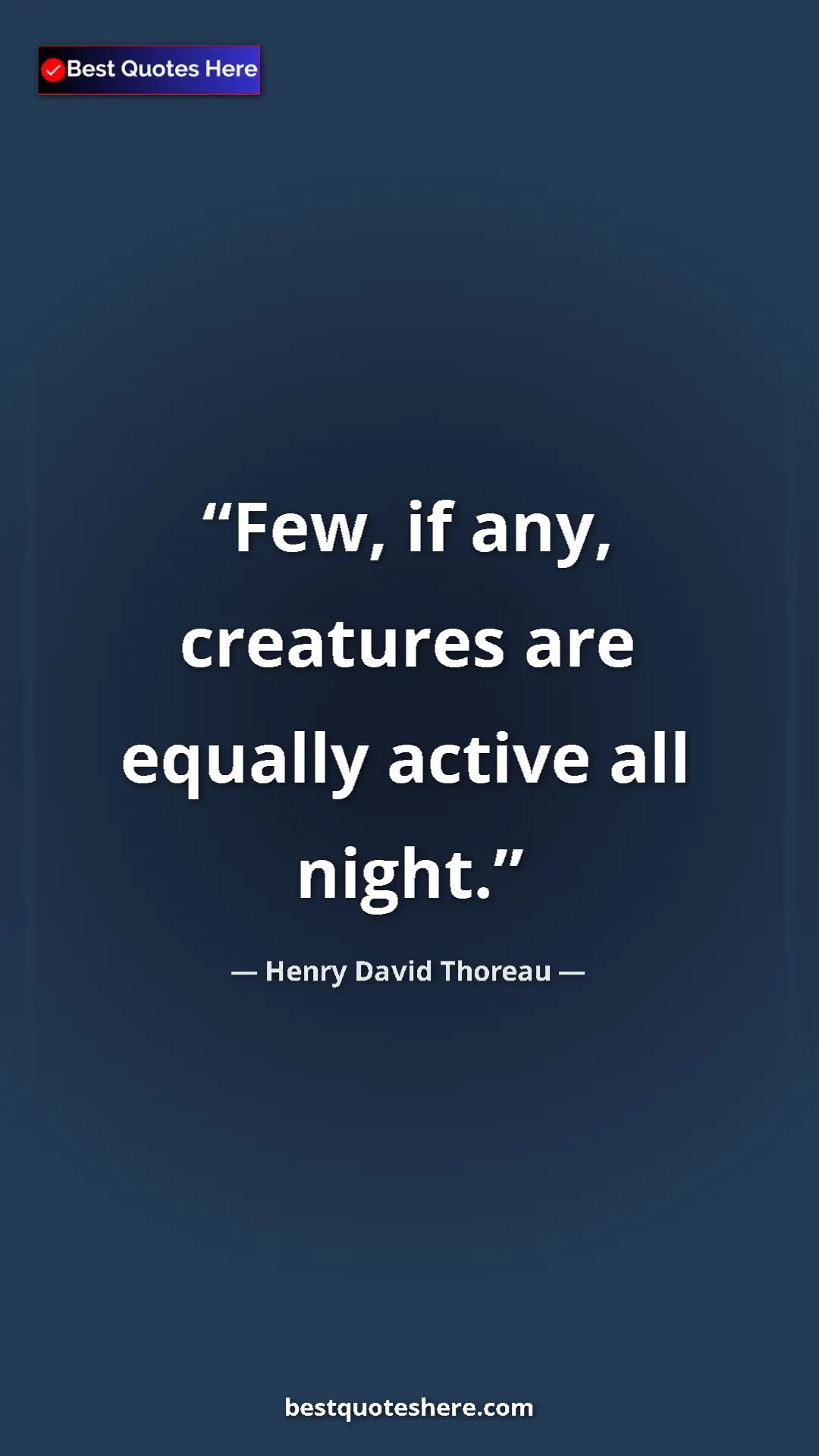 Henry David Thoreau Quote Card: "Few, if any, creatures are equally active all night." Pinterest quote poster by Henry David Thoreau: "Few, if any, creatures are equally active all night."