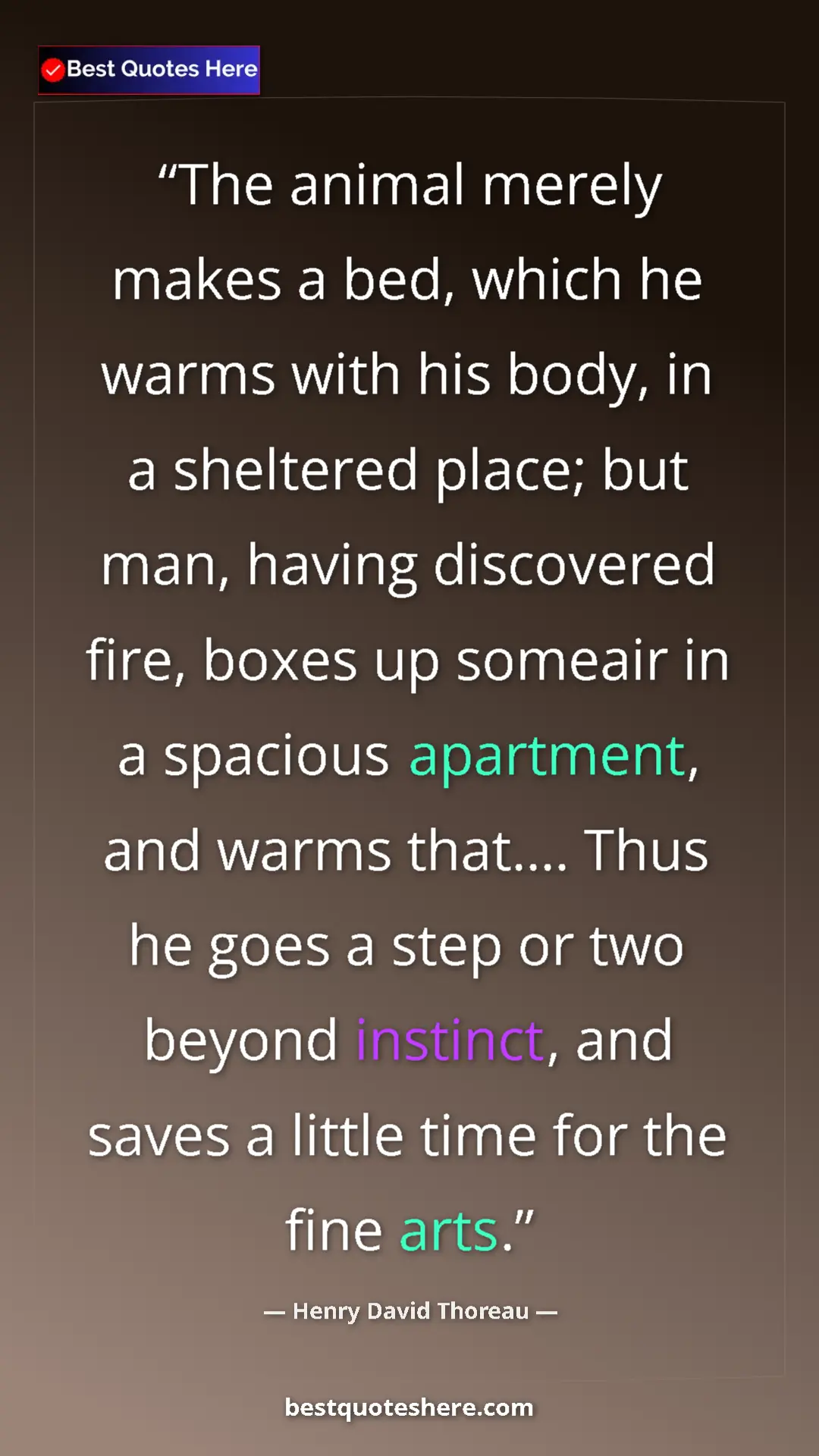 Henry David Thoreau Quote Card: "The animal merely makes a bed, which he warms with his..." Pinterest quote poster by Henry David Thoreau: "The animal merely makes a bed, which he warms with his..."