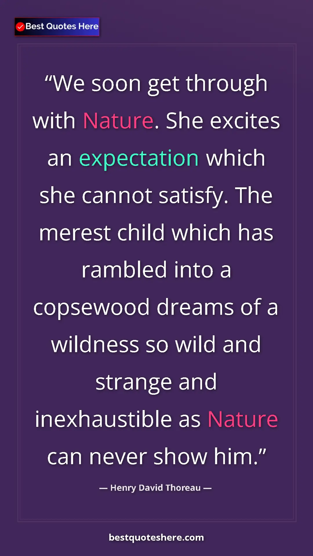 Henry David Thoreau Quote Card: "We soon get through with Nature. She excites an expectation..." Pinterest quote poster by Henry David Thoreau: "We soon get through with Nature. She excites an expectation..."