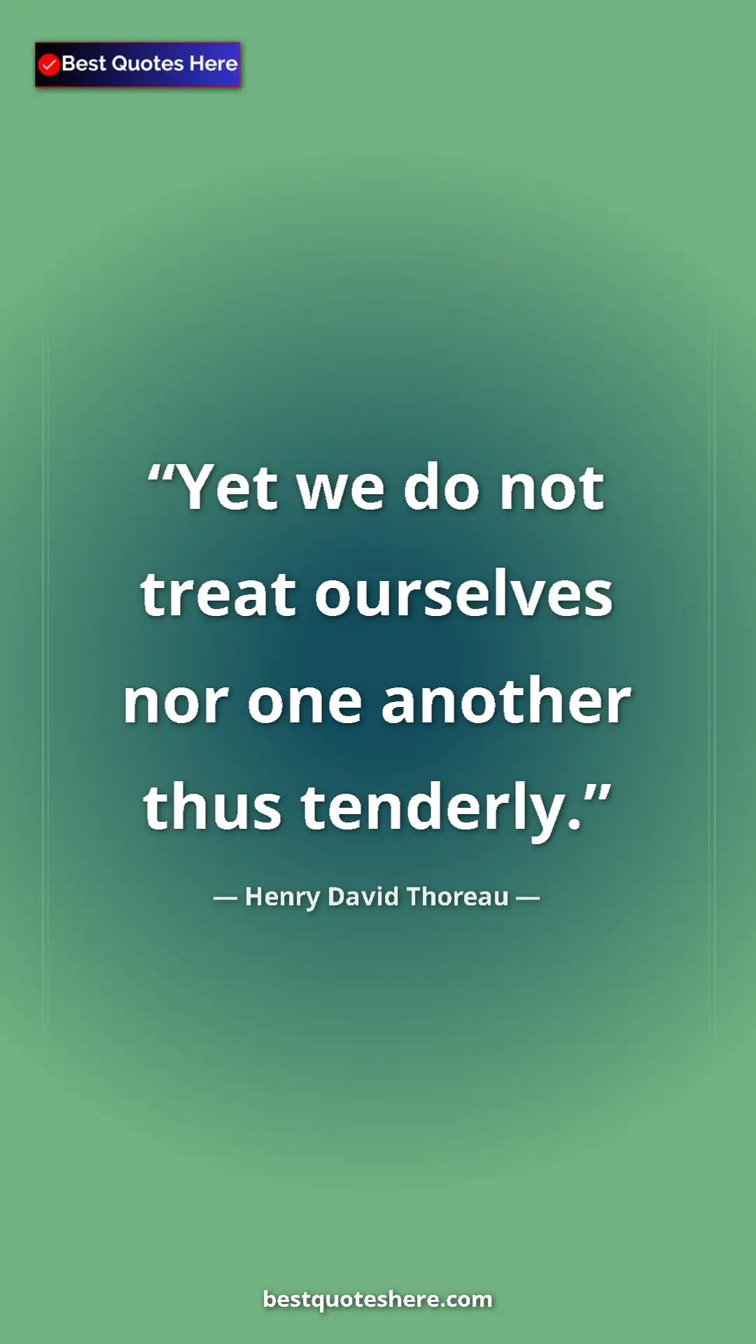 Henry David Thoreau Quote Card: "Yet we do not treat ourselves nor one another thus tenderly." Pinterest quote poster by Henry David Thoreau: "Yet we do not treat ourselves nor one another thus tenderly."