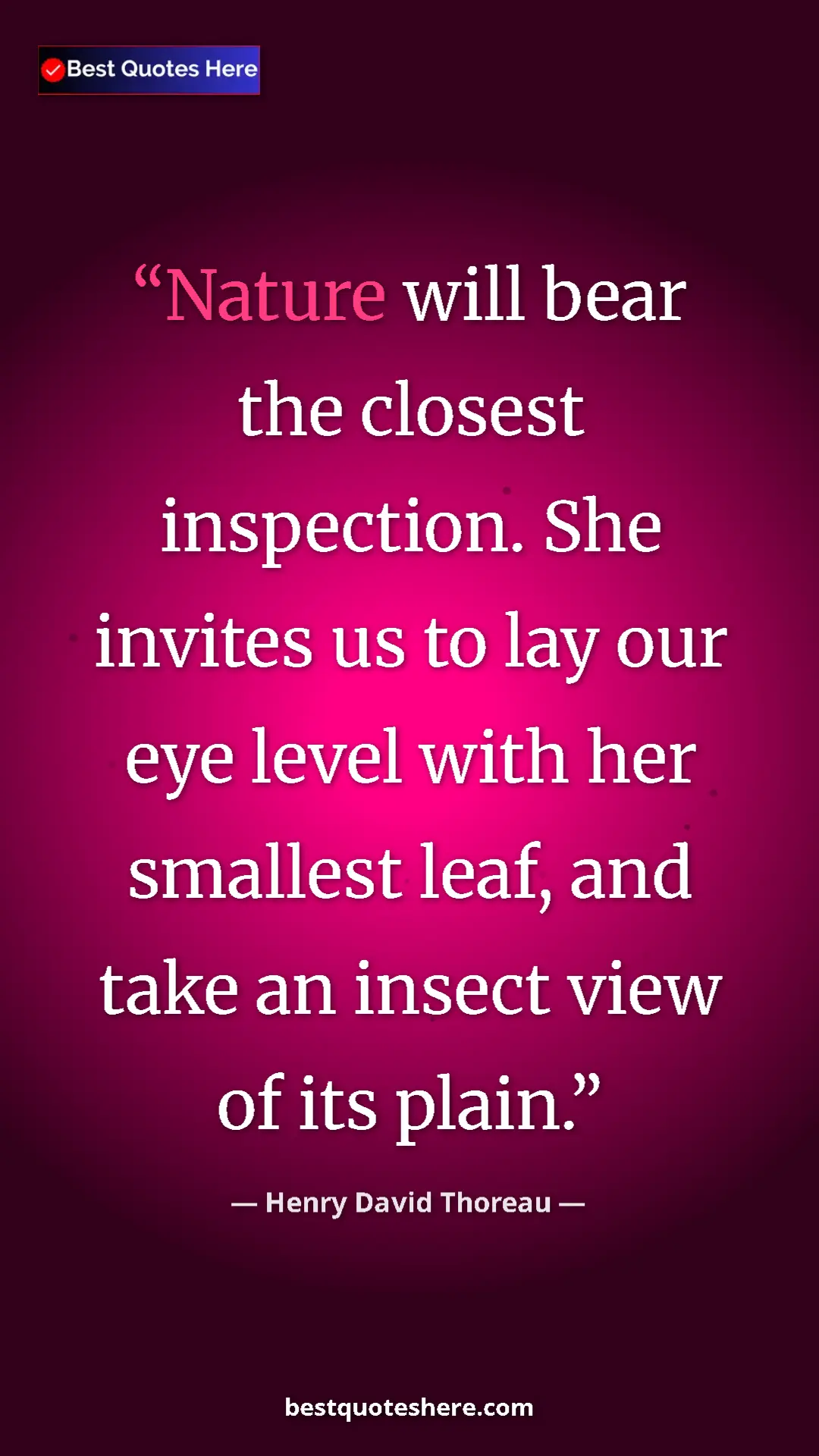 Henry David Thoreau Quote Card: "Nature will bear the closest inspection. She invites us to..." Pinterest quote poster by Henry David Thoreau: "Nature will bear the closest inspection. She invites us to..."