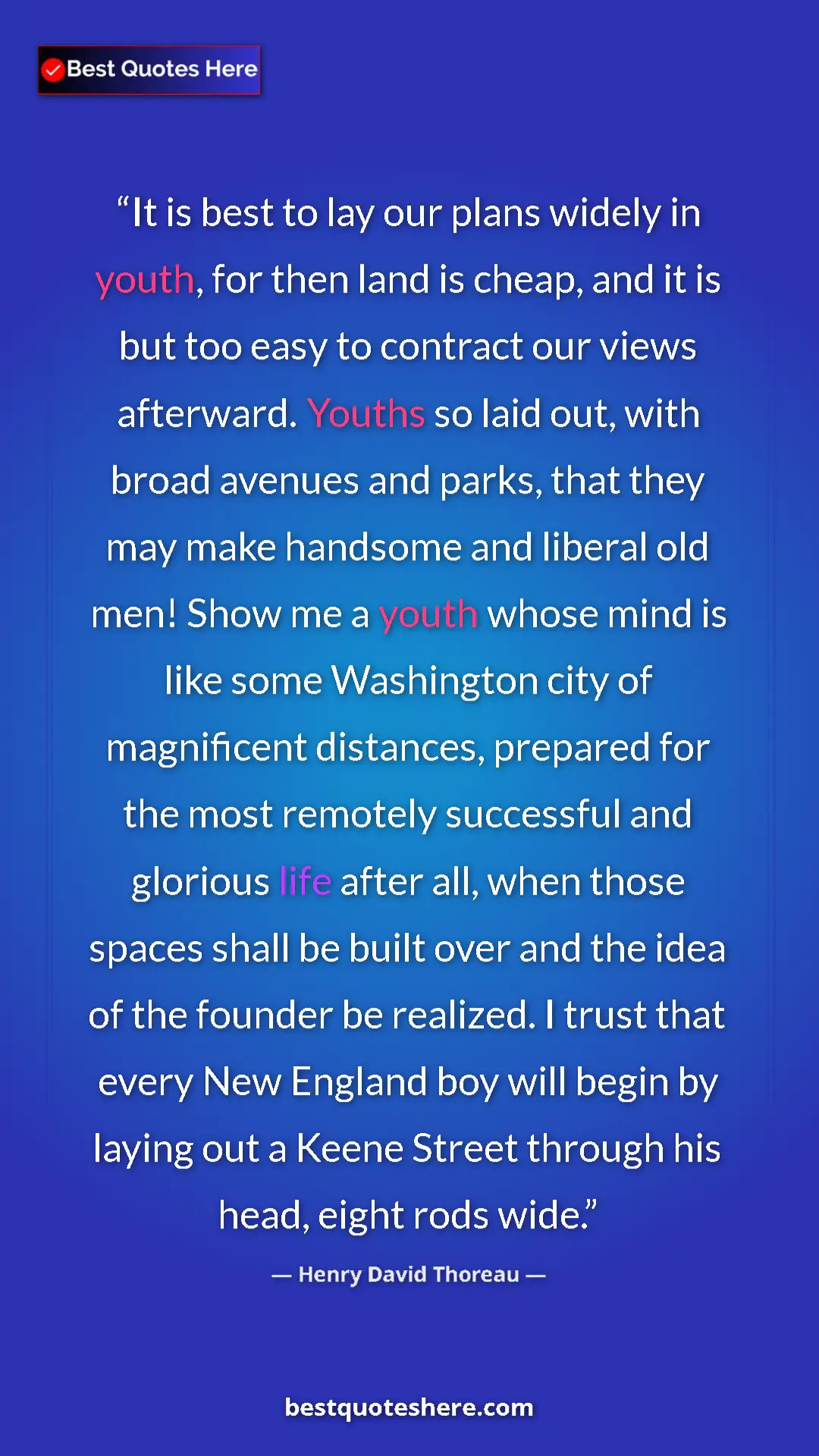 Henry David Thoreau Quote Card: "It is best to lay our plans widely in youth, for then land..." Pinterest quote poster by Henry David Thoreau: "It is best to lay our plans widely in youth, for then land..."