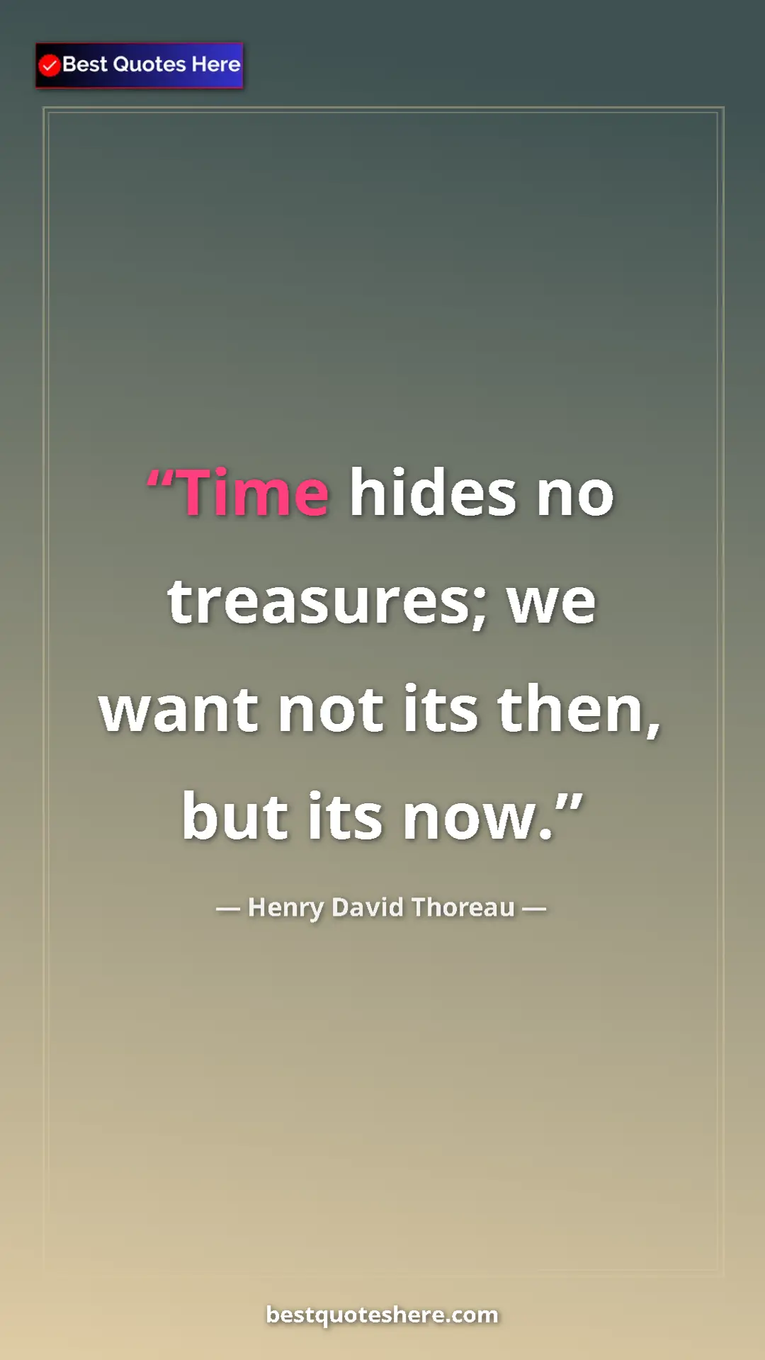 Henry David Thoreau Quote Card: "Time hides no treasures; we want not its then, but its now." Pinterest quote poster by Henry David Thoreau: "Time hides no treasures; we want not its then, but its now."