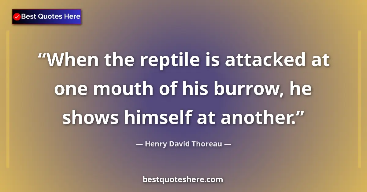 Quote by Henry David Thoreau: When the reptile is attacked at one mouth of his burrow, he shows himself at another....
