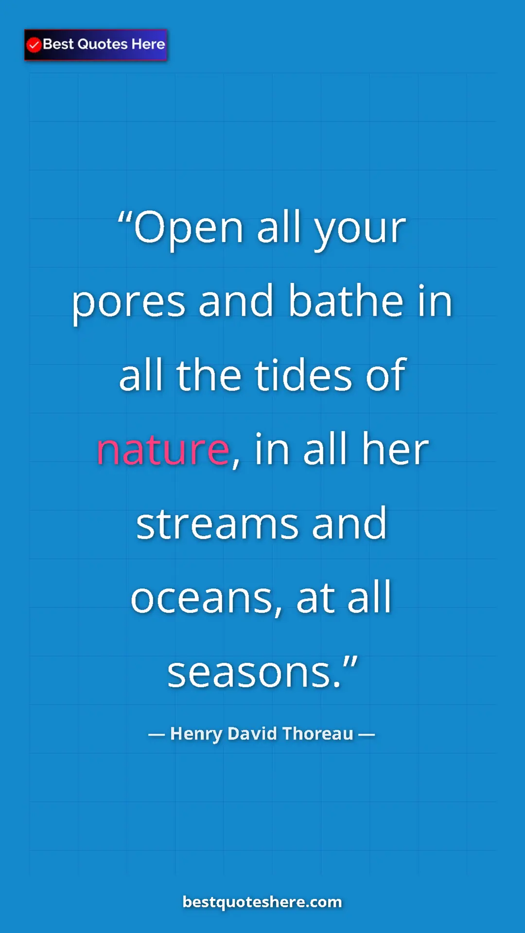 Henry David Thoreau Quote Card: "Open all your pores and bathe in all the tides of nature,..." Pinterest quote poster by Henry David Thoreau: "Open all your pores and bathe in all the tides of nature,..."
