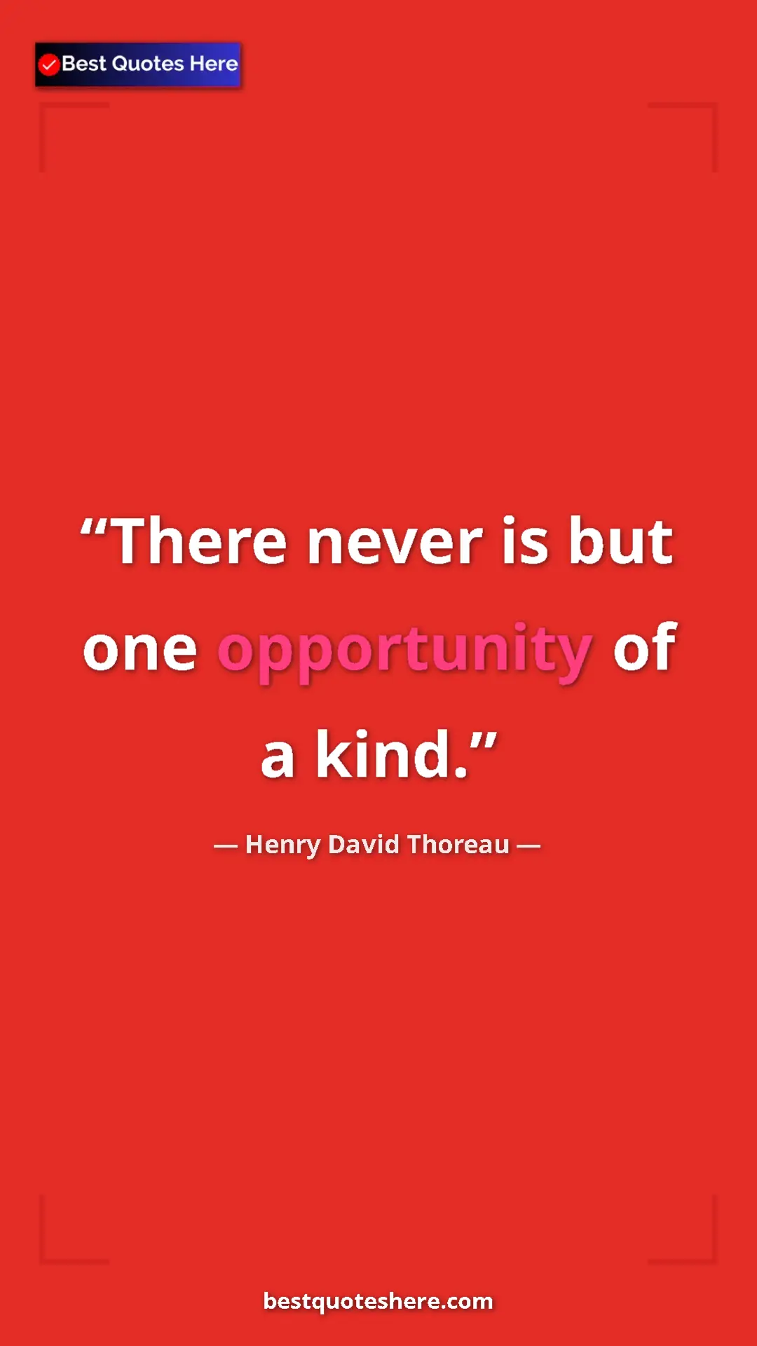 Henry David Thoreau Quote Card: "There never is but one opportunity of a kind." Pinterest quote poster by Henry David Thoreau: "There never is but one opportunity of a kind."